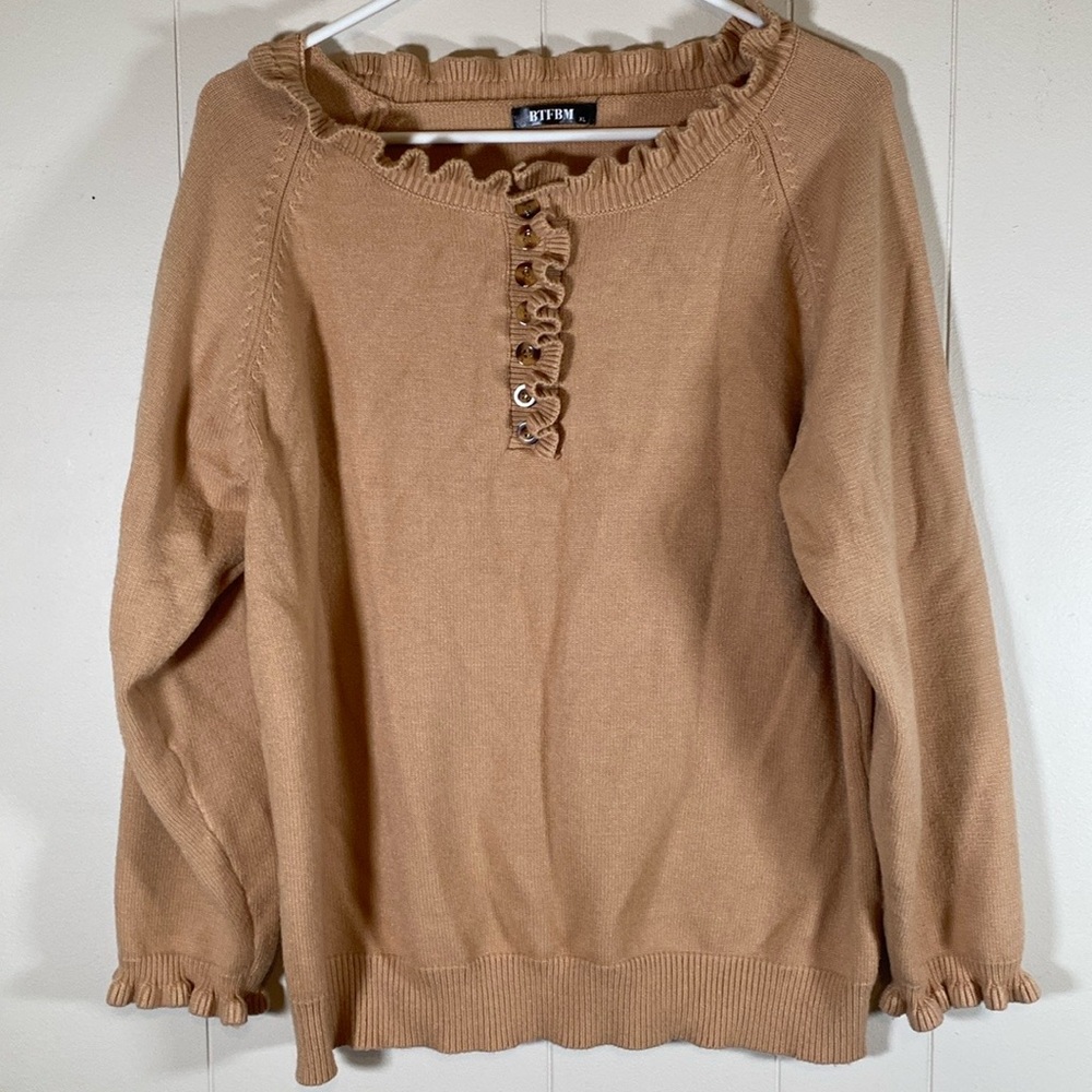 BTFBM Tan Brown Womens Sweater with Ruffle‎ Neckline Wrists Size xl